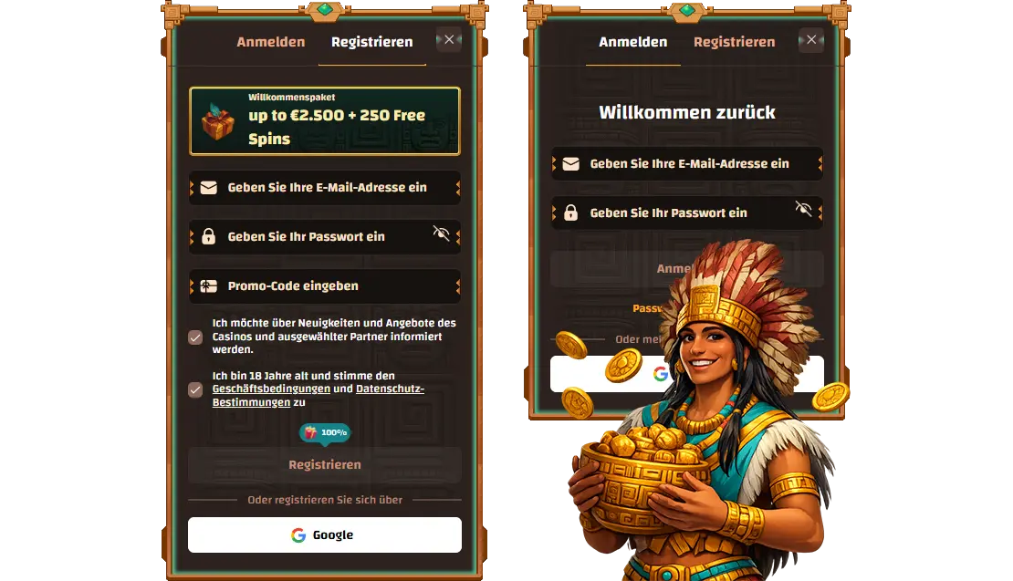 IncaSpin Registrierung und Anmeldung